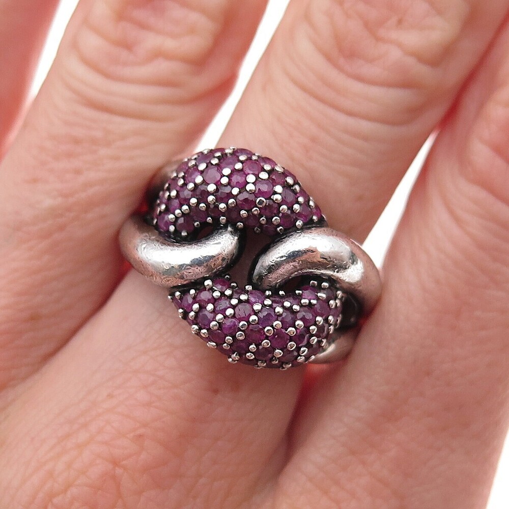 925 Sterling Silver Vintage Real Round-Cut Ruby Interlocked Ring Size 8.25